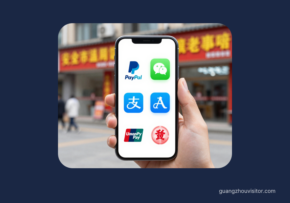Smartphone displaying Alipay, WeChat Pay and PayPal apps with travel items