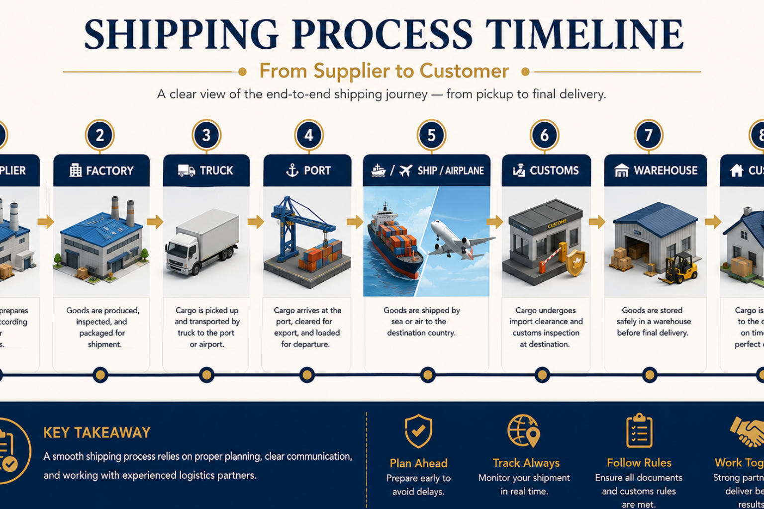 Timeline showing key stages of the shipping process from cargo pickup to final delivery.
