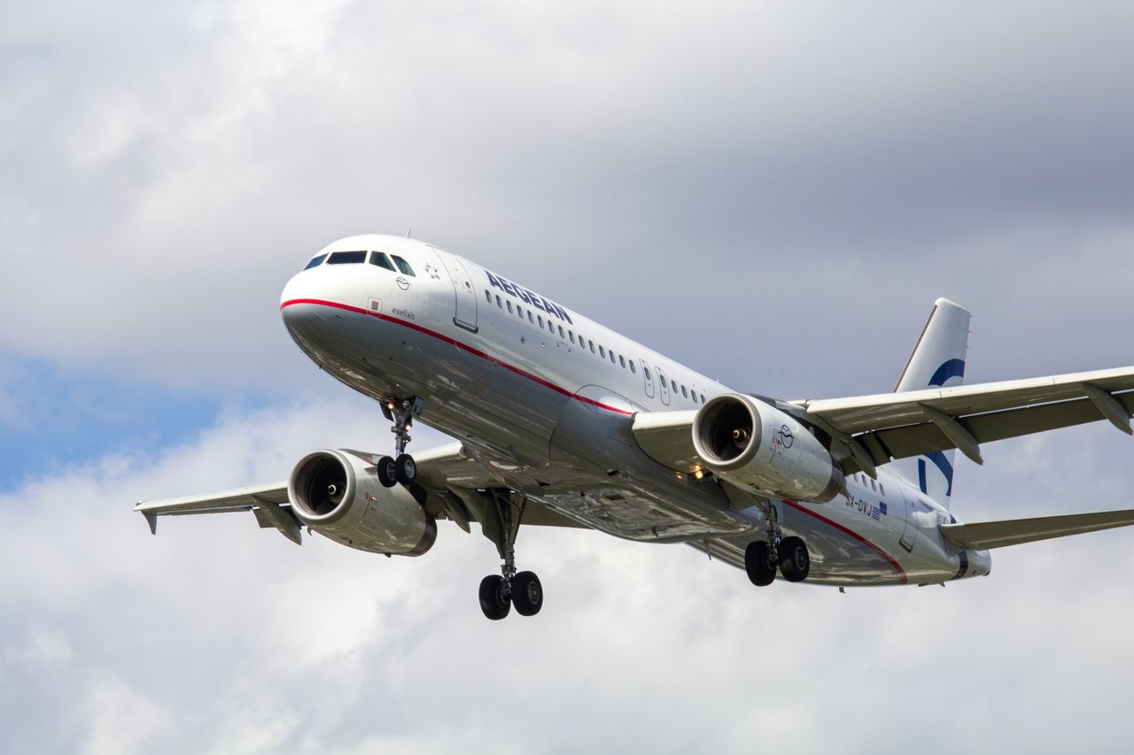 Aerial view of an airplane landing at an airport
