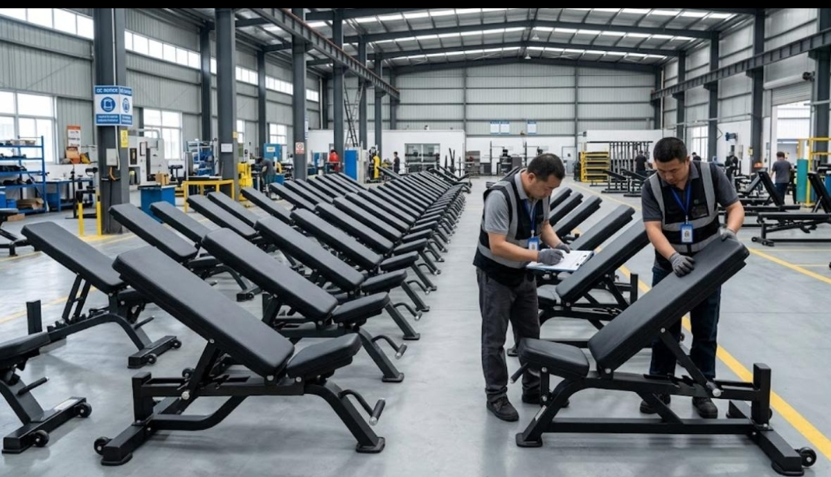 Inspector checking gym equipment quality at a Guangzhou factory